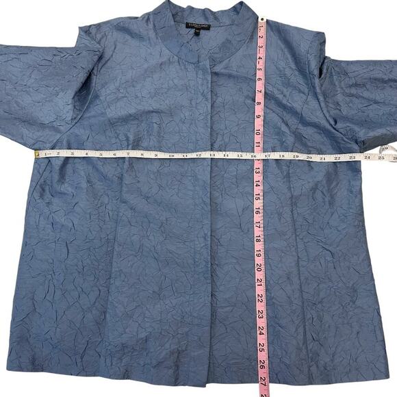 Eileen Fisher Woman Crinkled Silk Top Blue Mandarin Collar 3/4 Sleeve 1X - Picture 9 of 15